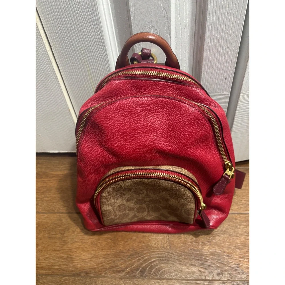 Coach Signature Canvas Leather Backpack Red Burgundy‎ Gold Tone Hardware Mini